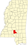 Map of Mississippi highlighting Jefferson Davis County